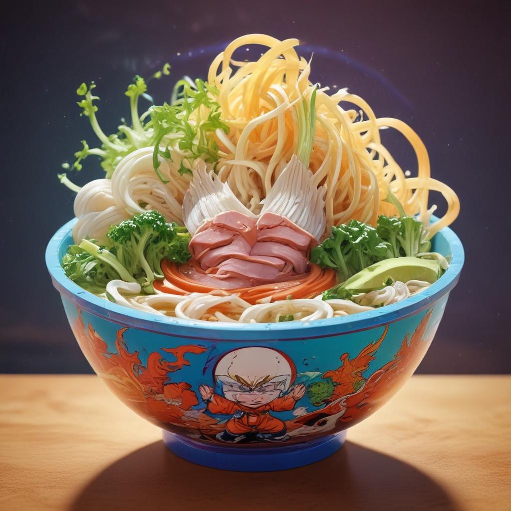 distance-shot, flashy, full-body, dynamic, holographic, animated cartoon poster of a bowl of pho in the style of dragon ball super