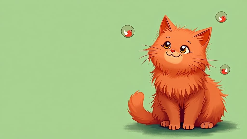  fluffy red cat , sitting on right side, (left side is empty for text), smiling cat looking at camera, drawn circles with birds inside circles flying around cat head, green pastel solid background ar 16:9 {prompt}, maximum details