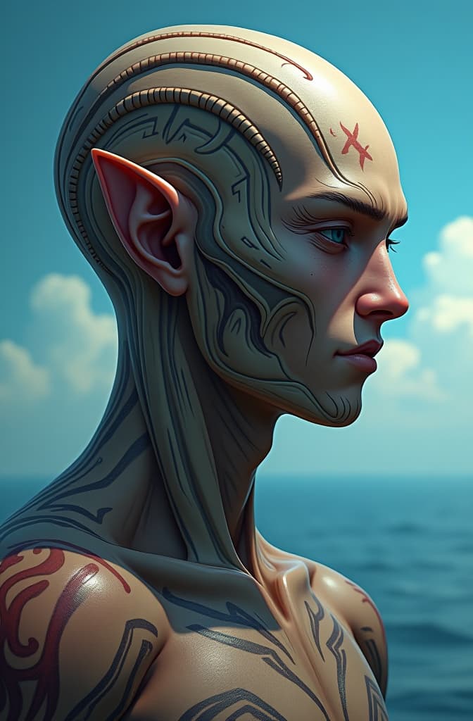  🥳🥳professional portrait of a alien race tatooed typ, the head with 3d bony growths under the skin on the head normal face full body side view the backdrop sea and clouds the sea is ocean blue the male is natural colored , abstract beauty, approaching perfection, delicate face, dynamic, moonlight, highly detailed, digital painting, artstation, concept art, smooth, sharp focus, illustration, art by carne griffiths and wadim kashin, marvel comic panel, dc animated comic panel, comic panel, manga and manhwa style panel, portrait, young person face, style for marvel comic, anime comic panel style hyperrealistic, full body, detailed clothing, highly detailed, cinematic lighting, stunningly beautiful, intricate, sharp focus, f/1. 8, 85mm, (centered image composition), (professionally color graded), ((bright soft diffused light)), volumetric fog, trending on instagram, trending on tumblr, HDR 4K, 8K