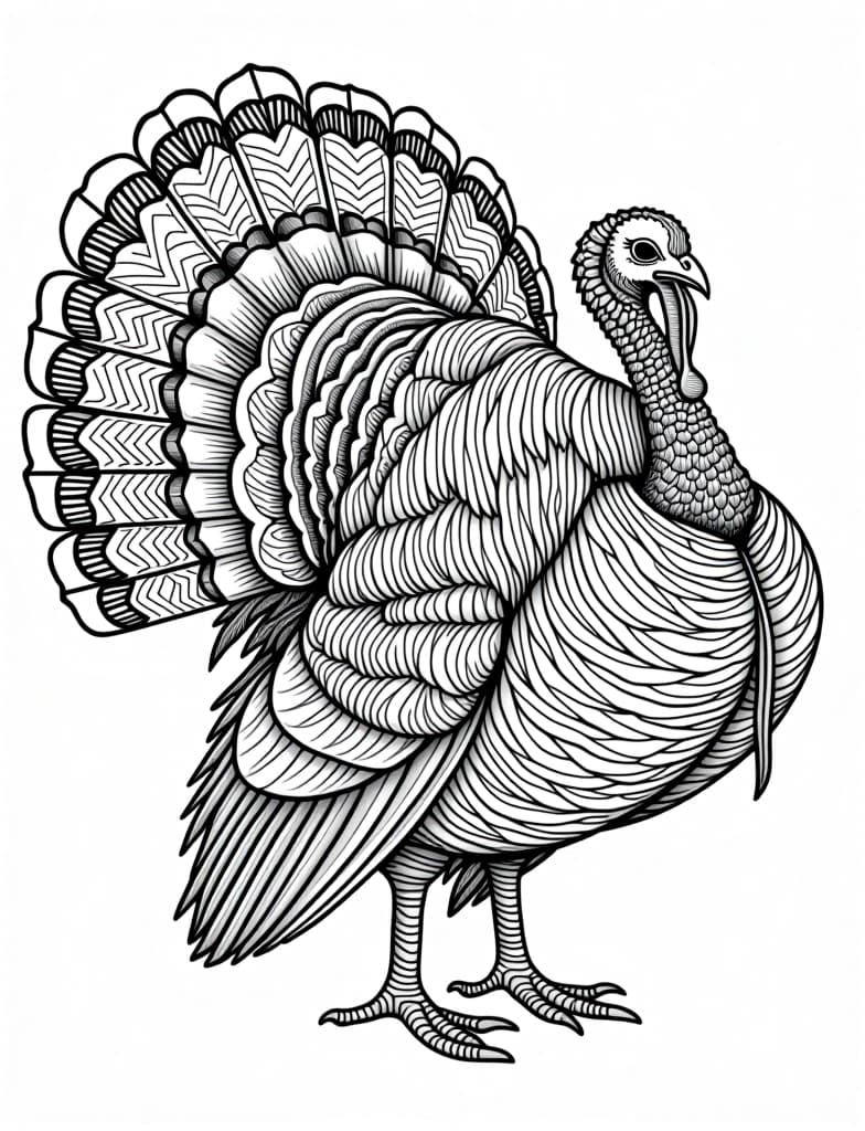  a turkey with elaborate feather patterns, black and white line art on a white background, for an adult coloring page.