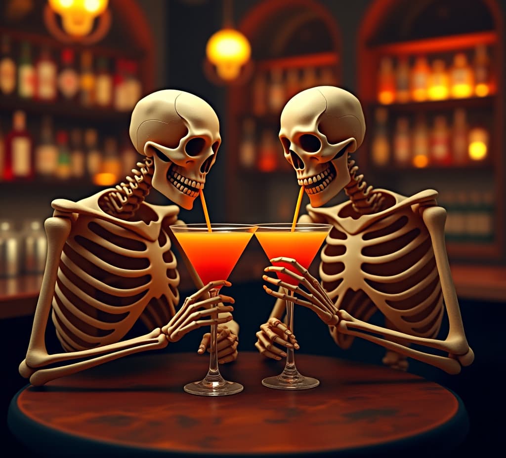  skeletons couple drinking orange cocktails in bar. halloween concept