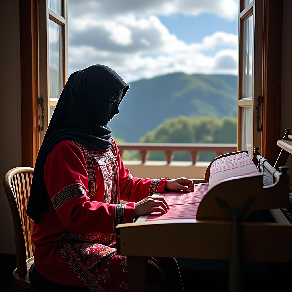  a faceless dagestani muslim woman, dressed in an ethnic folk outfit, sits at a carpet weaving loom, with a balcony of a house, mountains, and clouds in the background.