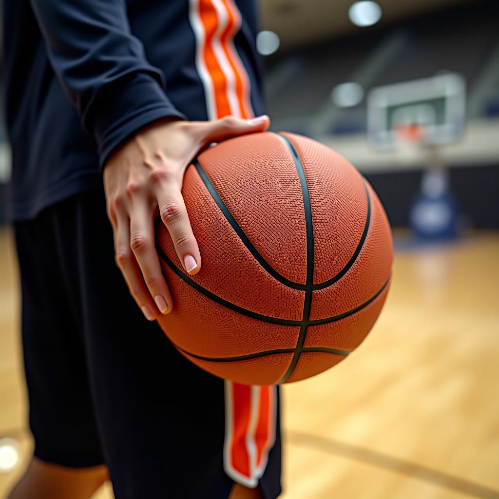  basketball player is holding basketball ball on a court, close up photo