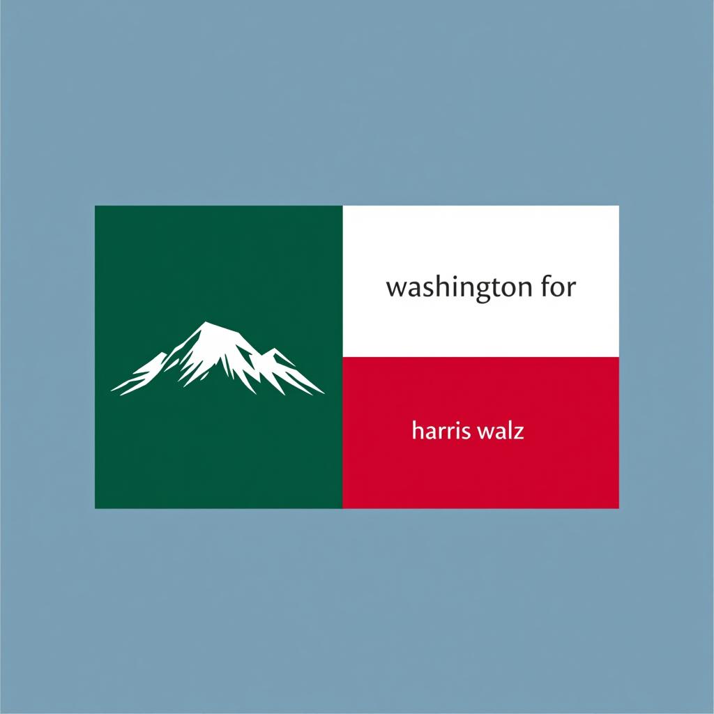  a design inspired by the washington state flag. the left side features a green vertical stripe with mt. rainer in the center. the right side is divided into two horizontal sections: the top section is white with the text 'washington for' in bold, green, uppercase letters, and the bottom section is red with the text 'harris walz' in bold, white, uppercase letters. the overall layout is clean and straightforward, with a clear and patriotic color scheme of blue, white, and red.