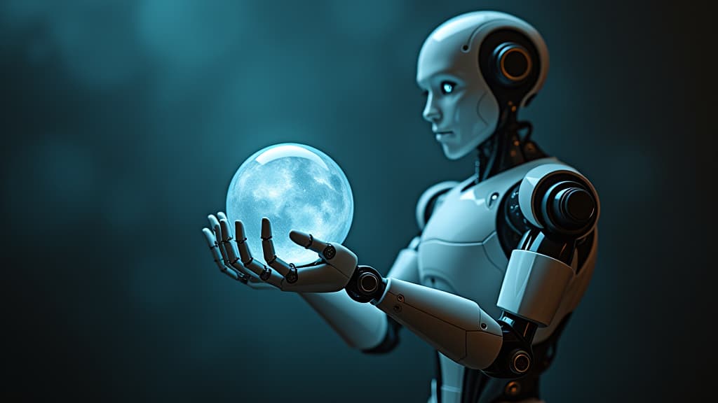  robot, holding, crystal ball, future, artificial intelligence, ai, technology, prediction, fortune telling, robotic arm, futuristic, science fiction, cyborg, android, mechanical, automation, robot han