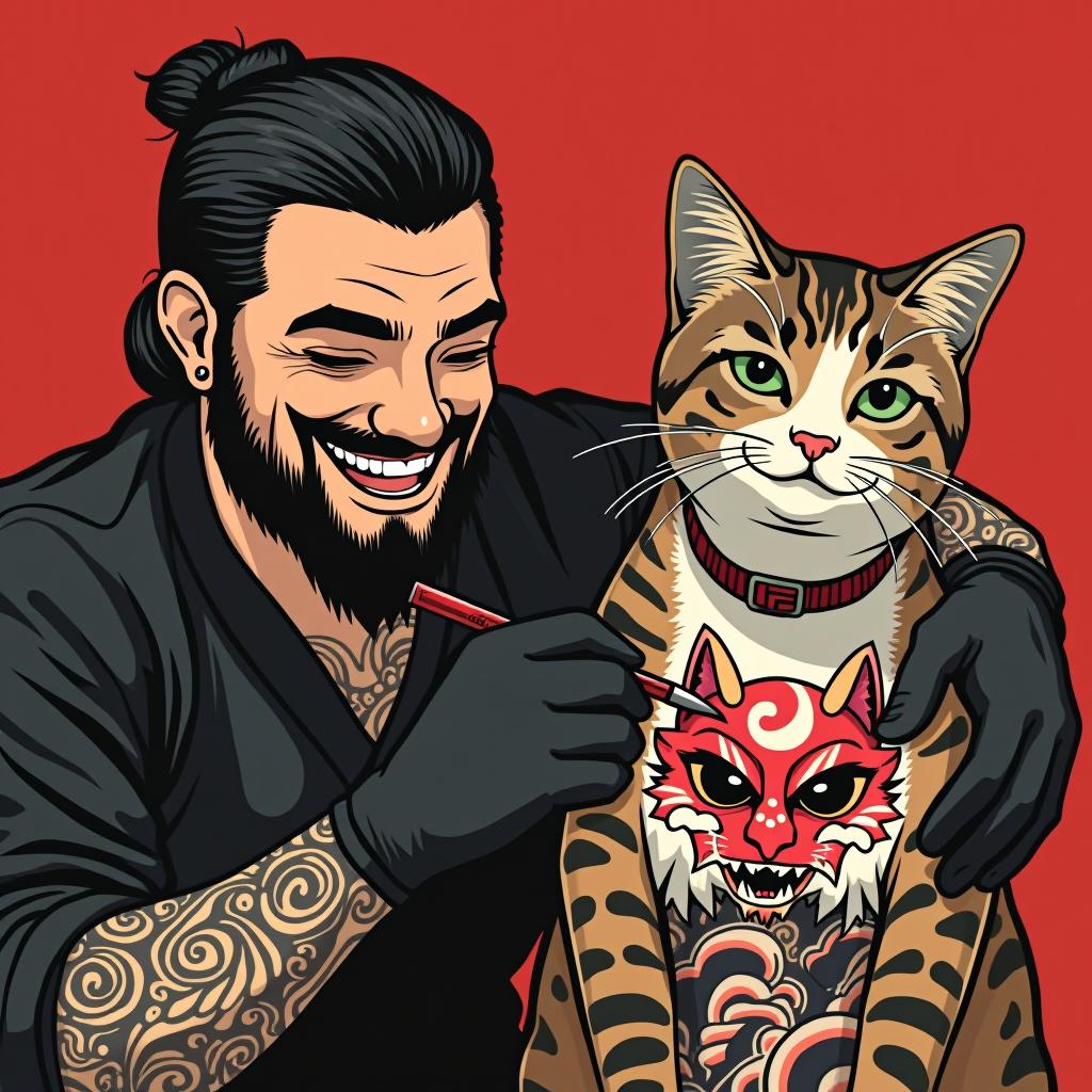  a cat tattoo artist with a big smile is giving another cat a tattoo in a japanese style against a red background.