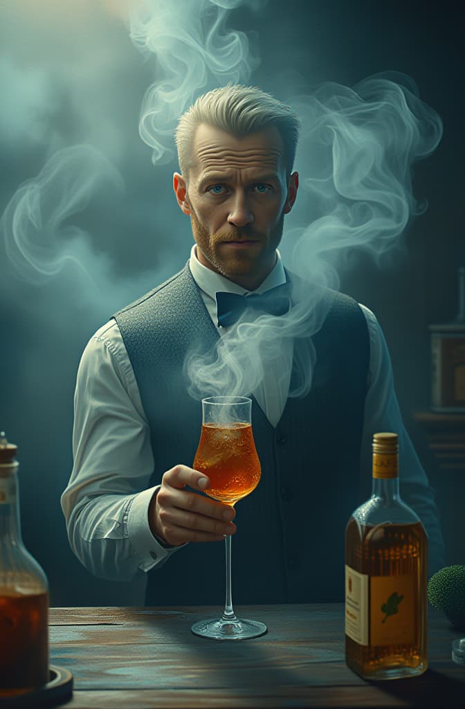  magic smoke behind cocktail, scenary, landscapes, high quality high detail painting by lucian freud, hd, photorealistic lighting, style of van gogh hyperrealistic, full body, detailed clothing, highly detailed, cinematic lighting, stunningly beautiful, intricate, sharp focus, f/1. 8, 85mm, (centered image composition), (professionally color graded), ((bright soft diffused light)), volumetric fog, trending on instagram, trending on tumblr, HDR 4K, 8K