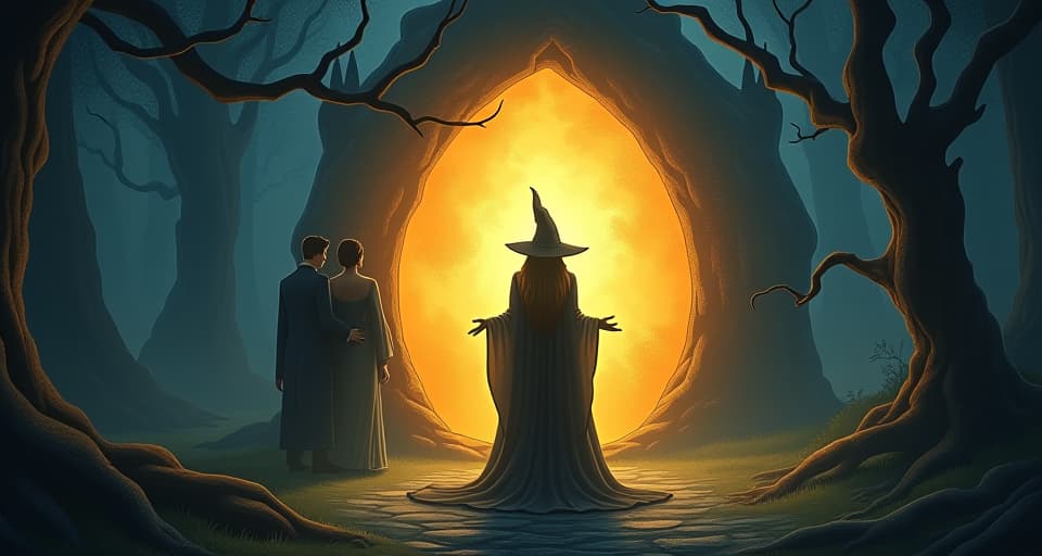  a powerful witch standing before a glowing portal, her expression calculating, as shadowy tendrils reach out to an elegant couple. the background is an ancient, enchanted forest, filled with eerie, mystical light.. the style is digital art illustration,highly detailed, whimsical,magical, dreamlike atmosphere, realism and fantasy blend, smooth, glossy textures,luminous quality, wonder and enchantment.