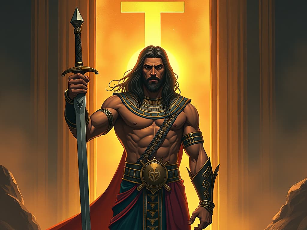  a handsome, muscular guardian in ornate armor, standing before a glowing gateway, sword raised, symbolizing the role of a chosen one. the style is digital art illustration / modern comic book / mysterious occult, symbolic, esoteric vibe,high detail on character design, incorporating ancient egyptian symbology and attire.