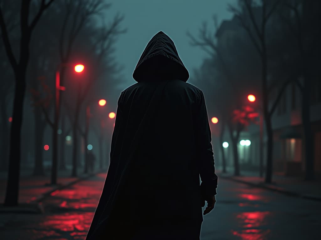  person turning away, face hidden in shadows, walking away, night time city landscape, streetlights casting dim light, atmosphere of avoidance. the style is dark fantasy and mysterious occult, symbolic, moody lighting, esoteric vibe,high detail on character design. for the color scheme emphasize blacks and reds.