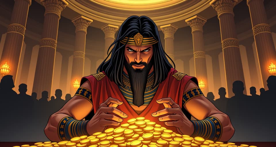  a man counting gold coins in a grand hall, surrounded by rich decorations, desperation in his eyes, attempts for loyalty, wealth display. the style is digital art illustration / modern comic book / mysterious occult, symbolic, esoteric vibe,high detail on character design, incorporating ancient egyptian symbology and attire.