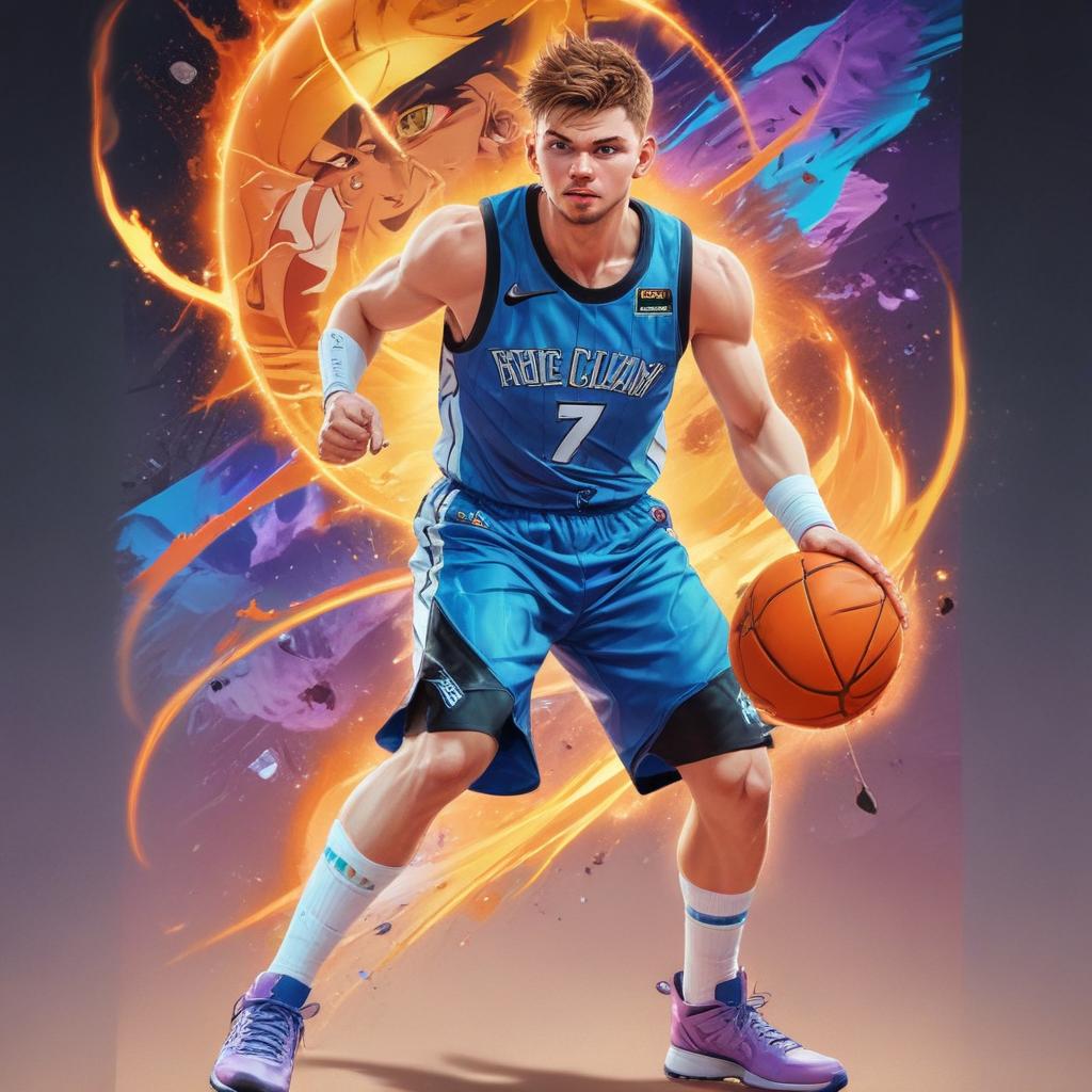 distance-shot, flashy, full-body, dynamic, holographic, animated cartoon poster of luka doncic in the style of dragon ball super