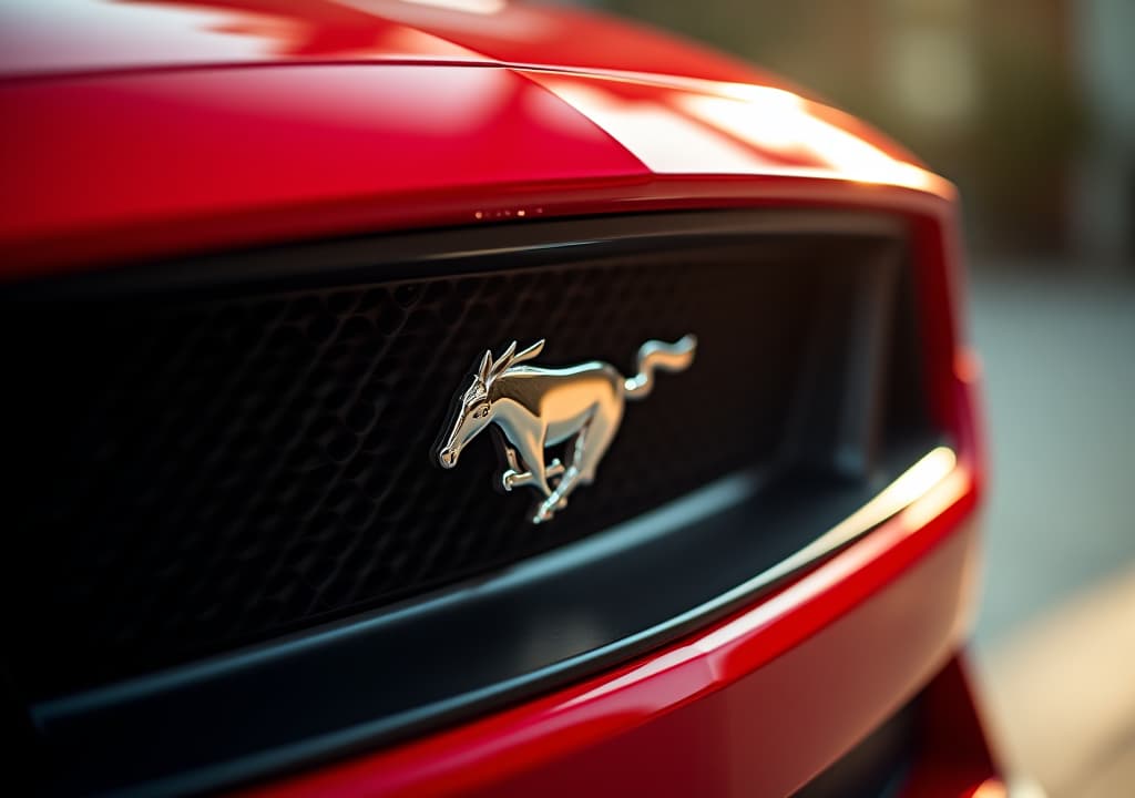  "a hyper realistic close up image of the front grille of a red lamborghini. the focus is on the lamborghini emblem, which is prominently displayed in the center of the grille. the shiny metallic surfaces of the emblem and grille reflect the warm glow of the surrounding lights, adding depth and realism. the background is slightly blurred, with hints of the car's sleek bodywork visible. the scene is illuminated by soft, natural light, creating a cinematic effect similar to the original mustang image."