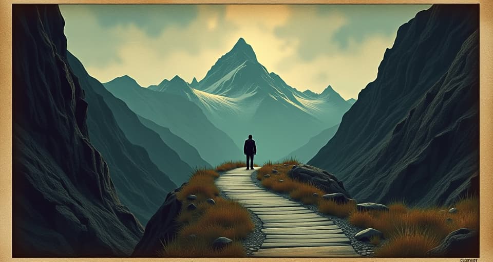  a narrow, winding mountain path, only room for one, distant peak in background, desolate, solitary, challenging. an illustration in the style of a worn, mystical old tarot trump card, mysterious and elements of surrealism. the colors are muted, somber and eerie, but with contrast bring out an occult and esoteric vibe.