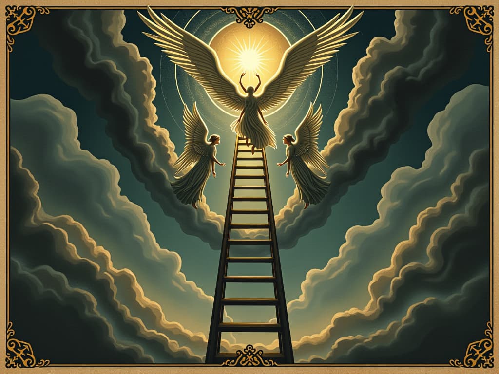  celestial ladder, angels ascending and descending, divine light, interconnected realms, mystical interaction. an illustration in the style of a worn, mystical old tarot trump card, mysterious and elements of surrealism. the colors are muted, somber and eerie, but with contrast bring out an occult and esoteric vibe.