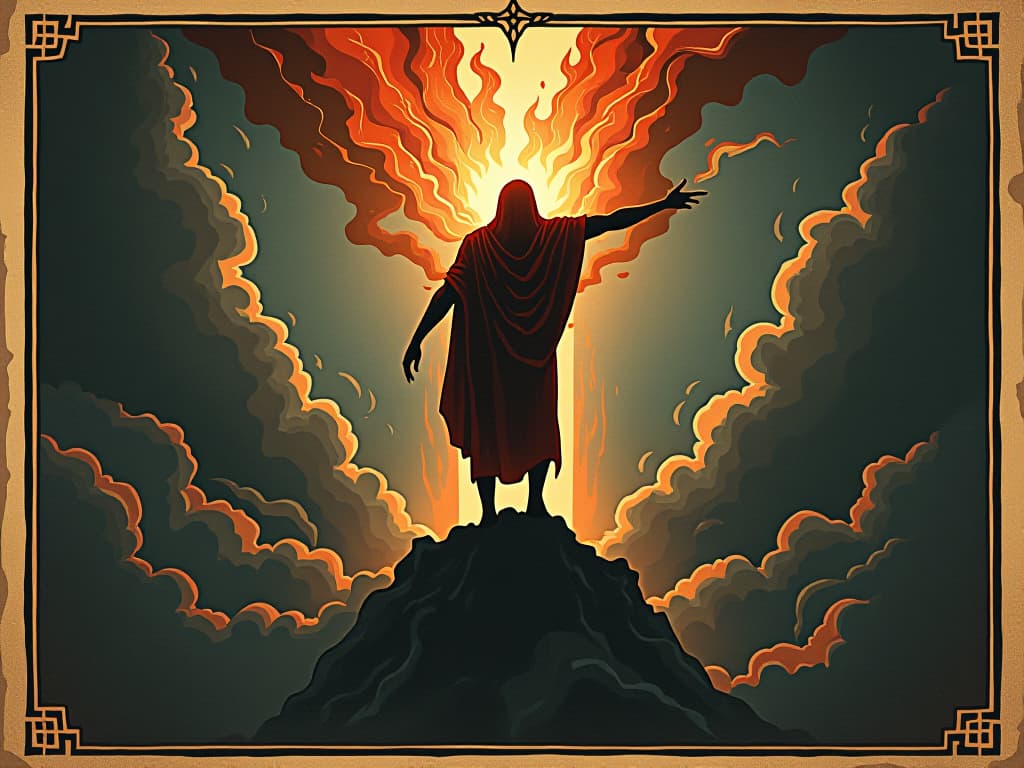  fiery figure standing tall amidst shadowy forms, pointing forward, beams of light breaking through clouds, fiery energy symbolizing truth and challenge. an illustration in the style of a worn, mystical old tarot trump card, mysterious and elements of surrealism. the colors are muted, somber and eerie, but with contrast bring out an occult and esoteric vibe.