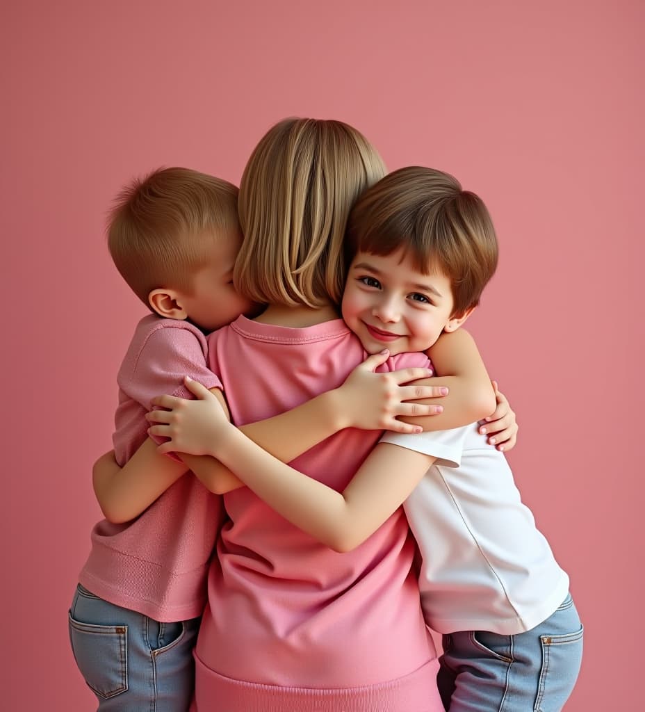  with pink , with 2 brothers who are her brothers affectionately hugging her back hip