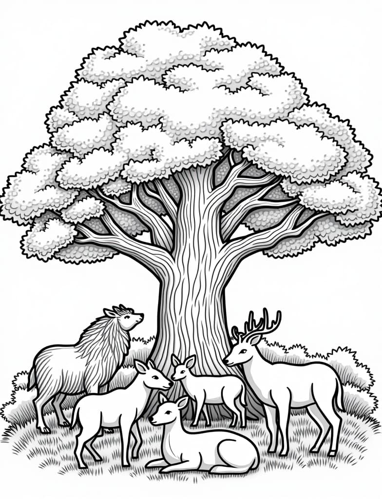  a gathering of woodland animals under a large oak tree, black and white line art on a white background, for an adult coloring page.