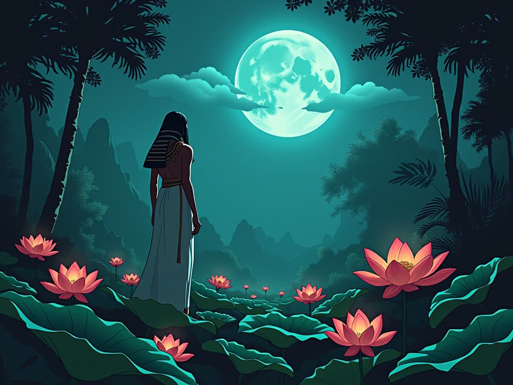  ancient egyptian garden under the moonlight, lush greenery, blooming lotus flowers, atmosphere of hidden potential and growth. the style is digital art illustration / modern comic book / mysterious occult, symbolic, esoteric vibe,high detail on character design, incorporating ancient egyptian symbology and attire.