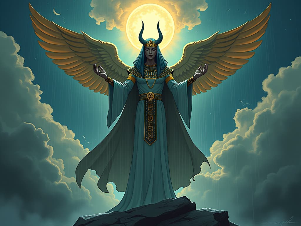  a central figure manipulating weather, storm clouds forming, rain nourishing the earth, aura of divine control. the style is digital art illustration / modern comic book / mysterious occult, symbolic, esoteric vibe,high detail on character design, incorporating ancient egyptian symbology and attire.