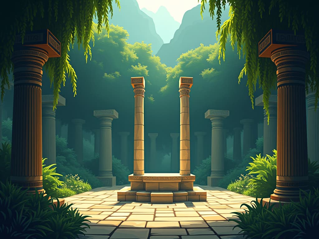  a tranquil garden with a stone altar in the center, surrounded by sacred symbols, sense of sacred calling and isolation. the style is digital art illustration / modern comic book / mysterious occult, symbolic, esoteric vibe,high detail on character design, incorporating ancient egyptian symbology and attire.