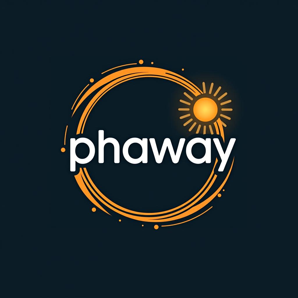  design a logo, un círculo y dentro del mismo un sol y que diga phaway me armas estos dos logos con inteligencia artificial. delse llama phaway el sol amarillo y el círculo de adentro celeste y letras blancas., with the text 'phaway'.