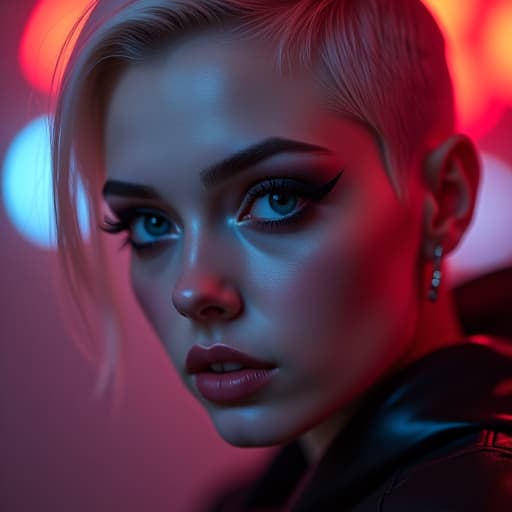  ultra realistic close up portrait ((beautiful pale cyberpunk female with heavy black eyeliner)), blue eyes, shaved side haircut, hyper detail, cinematic lighting, magic neon, dark red city, canon eos r3, nikon, f/1.4, iso 200, 1/160s, 8k, raw, unedited, symmetrical balance, in frame, 8k hyperrealistic, full body, detailed clothing, highly detailed, cinematic lighting, stunningly beautiful, intricate, sharp focus, f/1. 8, 85mm, (centered image composition), (professionally color graded), ((bright soft diffused light)), volumetric fog, trending on instagram, trending on tumblr, HDR 4K, 8K