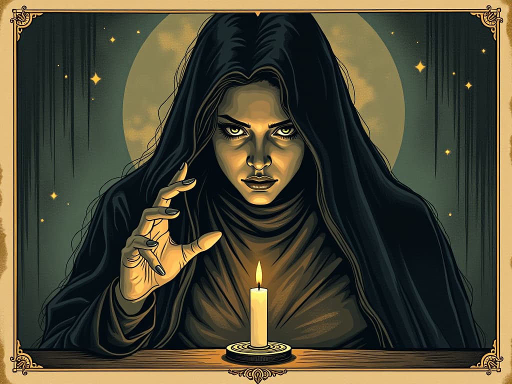  person contemplating objects, discerning gazes, aura of concentration, introspective. an illustration in the style of a worn, mystical old tarot trump card, mysterious and elements of surrealism. the colors are muted, somber and eerie, but with contrast bring out an occult and esoteric vibe.