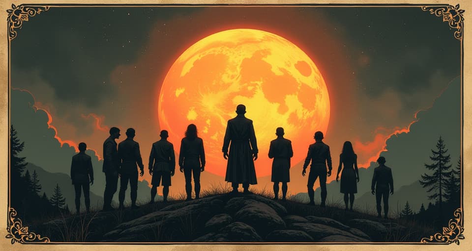  silhouetted figures reaching toward a glowing horizon, collective effort, purpose. an illustration in the style of a worn, mystical old tarot trump card, mysterious and elements of surrealism. the colors are muted, somber and eerie, but with contrast bring out an occult and esoteric vibe.