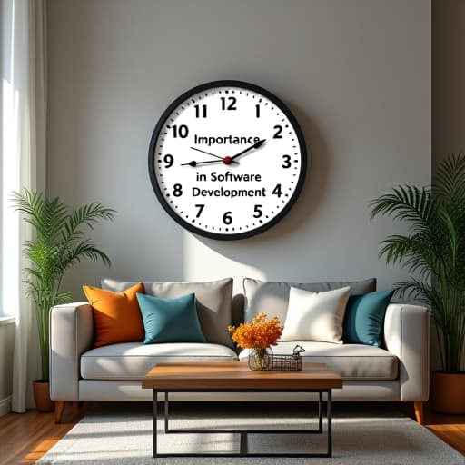  a modern and stylish living room with a wall clock featuring the text "importance of testing in software development" prominently displayed as part of the decor.