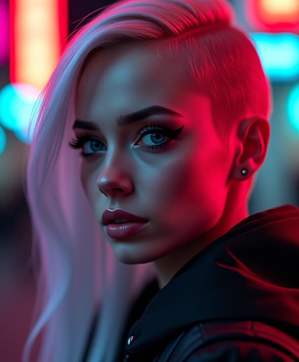  ultra realistic close up portrait ((beautiful pale cyberpunk female with heavy black eyeliner)), blue eyes, shaved side haircut, hyper detail, cinematic lighting, magic neon, dark red city, canon eos r3, nikon, f/1.4, iso 200, 1/160s, 8k, raw, unedited, symmetrical balance, in frame, 8k hyperrealistic, full body, detailed clothing, highly detailed, cinematic lighting, stunningly beautiful, intricate, sharp focus, f/1. 8, 85mm, (centered image composition), (professionally color graded), ((bright soft diffused light)), volumetric fog, trending on instagram, trending on tumblr, HDR 4K, 8K