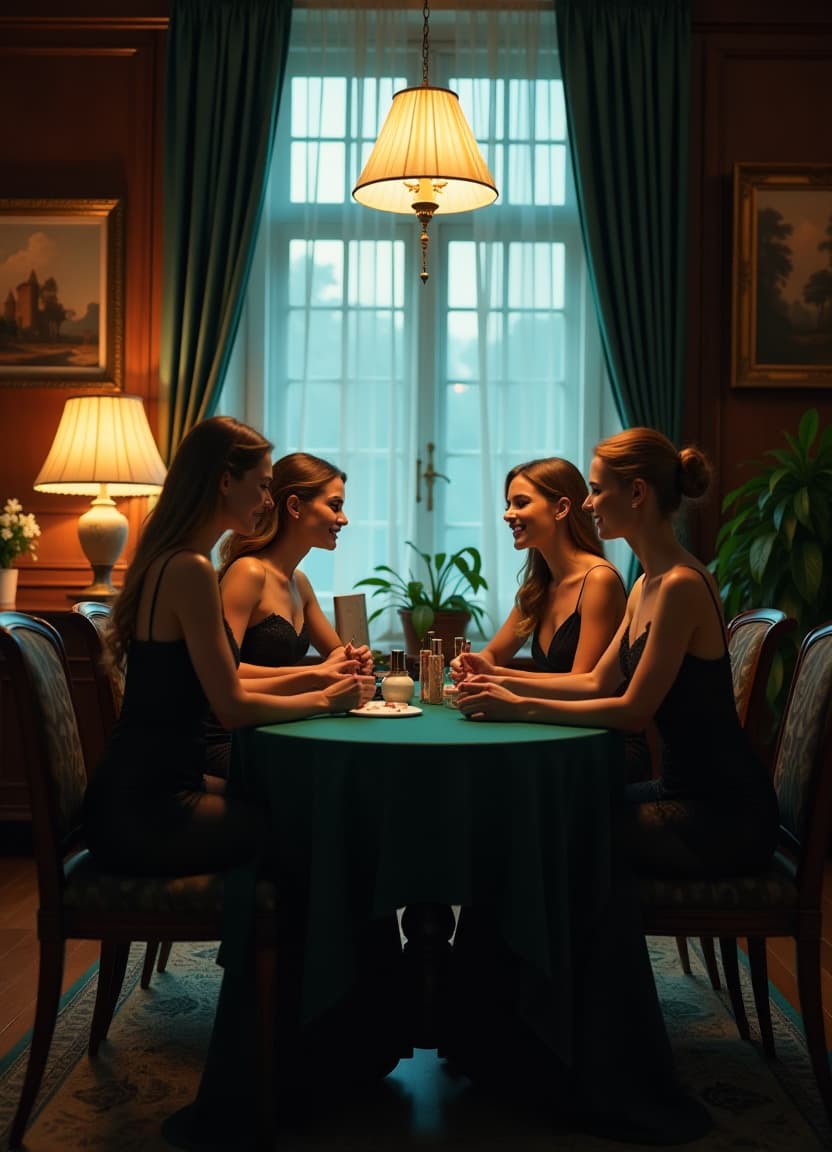  cinematic photo realistic image, four beautiful russian girls in dark evening dresses sit at a round table with green cloth, decorative cosmetics lie on the table, the girls happily communicate with each other in the twilight, the window is completely closed with a curtain, on the walls beautiful lamps, books on wooden shelves, the whole office in beautiful wooden upholstery, with paintings, high detail, high resolution, 8k ultra hd . 35mm photograph, film, bokeh, professional, 4k, highly detailed