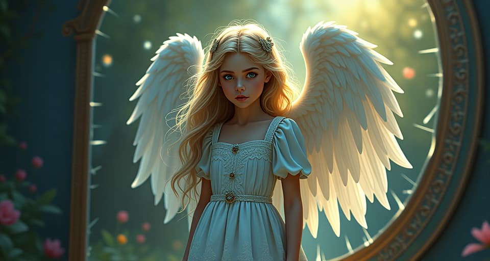  a radiant angel with a solemn expression, standing in front of a shattered mirror. enchanted garden setting, sense of unresolved guilt and internal turmoil.. the style is digital art illustration,highly detailed, whimsical,magical, dreamlike atmosphere, realism and fantasy blend, smooth, glossy textures,luminous quality, wonder and enchantment.