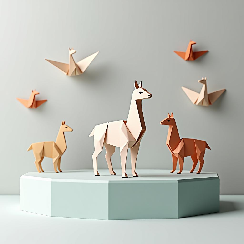  a modern, asymmetrical platform inspired by paper folding, showcasing a single planner, with origami llamas scattered in the background