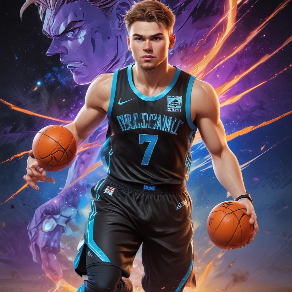 distance-shot, flashy, full-body, dynamic, holographic, animated cartoon poster of luka doncic in the style of dragon ball super