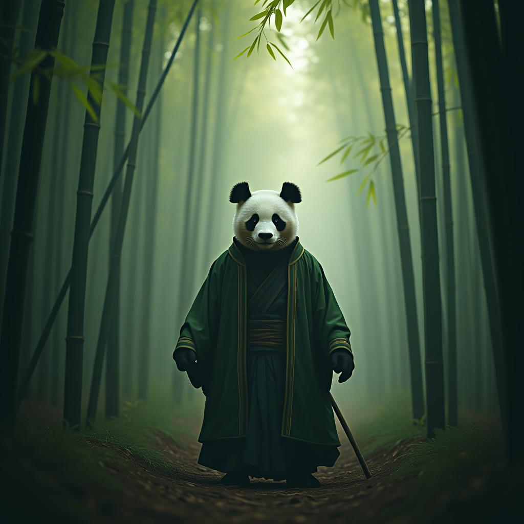  deep in a magical bamboo forest, panda practice kung hyperrealistic, full body, detailed clothing, highly detailed, cinematic lighting, stunningly beautiful, intricate, sharp focus, f/1. 8, 85mm, (centered image composition), (professionally color graded), ((bright soft diffused light)), volumetric fog, trending on instagram, trending on tumblr, HDR 4K, 8K