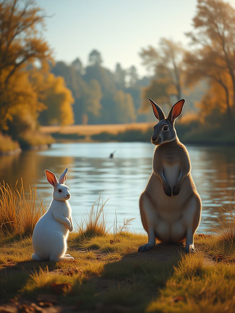  white rabbits and kangaroos standing by the river