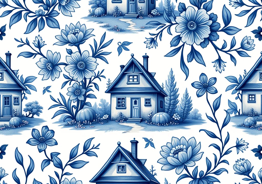  seamless pattern in dutch delft blue and white traditional handpainted with house and flowers.