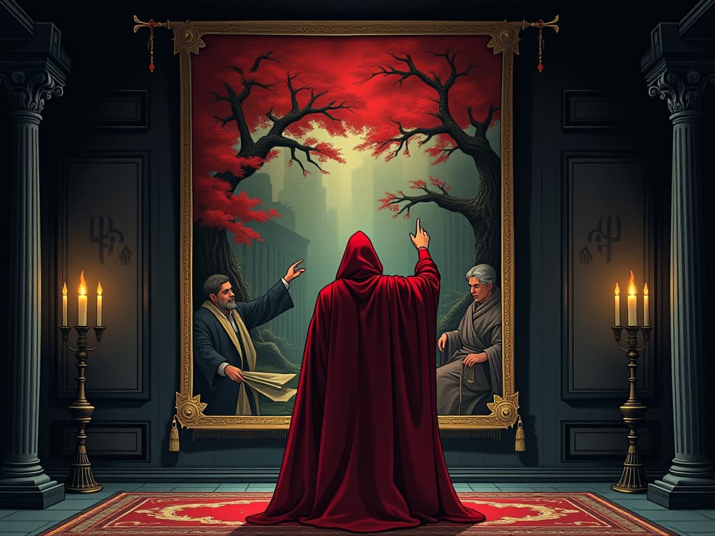  person in red cloak, standing before a tapestry depicting past events, finger pointing at scenes of harm, room filled with mystical symbols, sense of deep examination. the style is digital art illustration / modern comic book / graphic dark novel fantasy and mysterious occult, symbolic, moody lighting, esoteric vibe,high detail on character design. for the color scheme emphasize blacks and reds.