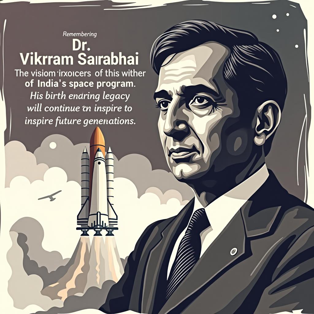  poster, remembering dr. vikram sarabhai, the visionary architect of india's space program, on his birth anniversary. his enduring legacy will continue to inspire future generations! writen "dr. vikram sarabhai" and "isro"