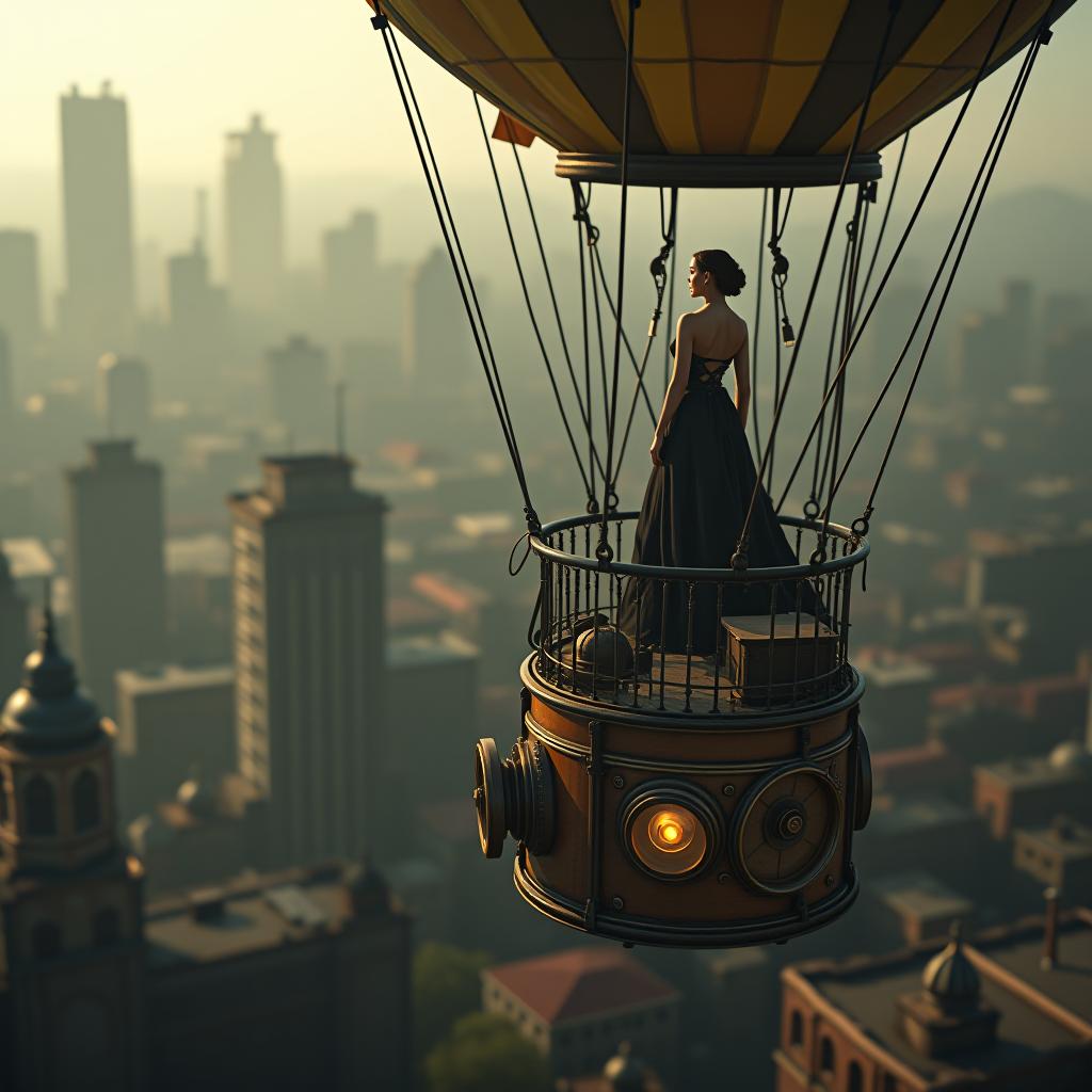  4. a cinematic shot of an elegantly dressed woman, standing tall on a steampunk hot air balloon drifting through a cluttered scrapyard city. lighting should be dramatic, casting long shadows and bringing out the scene's intricate detailing. shot with a sony a9ii and a 12 24mm f/4 g lens. small text 'astravision' at bottom right corner. hyperrealistic, full body, detailed clothing, highly detailed, cinematic lighting, stunningly beautiful, intricate, sharp focus, f/1. 8, 85mm, (centered image composition), (professionally color graded), ((bright soft diffused light)), volumetric fog, trending on instagram, trending on tumblr, HDR 4K, 8K