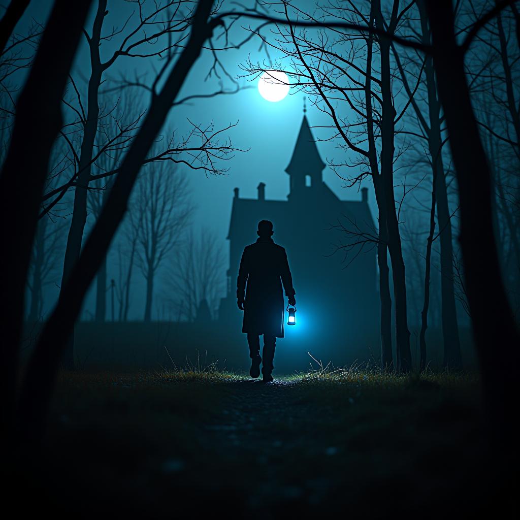  create a high quality, photorealistic image that vividly depicts the following scene: a hauntingly moody scene of unfathomable darkness, with the full moon attempting to break through thick, oppressive clouds. silhouettes of twisted trees frame a derelict mansion, tucked deep in the heart of the forest, its abandoned, grim presence exuding an aura of chilling foreboding. a lone, daring traveler captured in mid step, his face a mask of determined thrill, illuminated by the frail moonlight and his cautious lantern. camouflaged amidst the tenacious gloom, phantasmic whispers seem to dance and swirl in the biting wind. atmospheric elements captured with high dynamic range, nikon z7, f/2.8, iso 100, 1/60s, 8k, raw, unedited, balanced compos hyperrealistic, full body, detailed clothing, highly detailed, cinematic lighting, stunningly beautiful, intricate, sharp focus, f/1. 8, 85mm, (centered image composition), (professionally color graded), ((bright soft diffused light)), volumetric fog, trending on instagram, trending on tumblr, HDR 4K, 8K