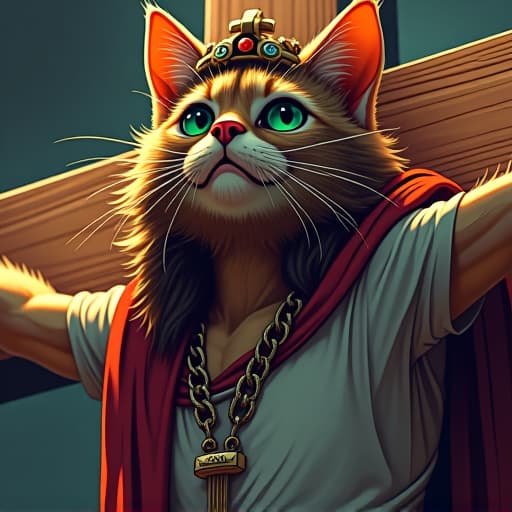  in a vibrant cartoonish style reminiscent of comic books, depict hemule, an anthropomorphic tabby cat resembling lord jesus on the cross. hemule's rebellious yet charismatic persona shines through his striking green eyes and immaculate style, exuding edgy vibes in a vivid, detailed scene. hyperrealistic, full body, detailed clothing, highly detailed, cinematic lighting, stunningly beautiful, intricate, sharp focus, f/1. 8, 85mm, (centered image composition), (professionally color graded), ((bright soft diffused light)), volumetric fog, trending on instagram, trending on tumblr, HDR 4K, 8K