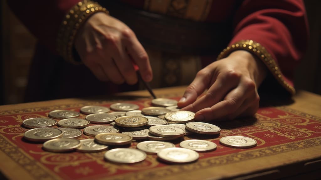  history of biblical times, an opulent setting with 30 silver coins laid out, representing the payment judas received for his betrayal. hyperrealistic, full body, detailed clothing, highly detailed, cinematic lighting, stunningly beautiful, intricate, sharp focus, f/1. 8, 85mm, (centered image composition), (professionally color graded), ((bright soft diffused light)), volumetric fog, trending on instagram, trending on tumblr, HDR 4K, 8K