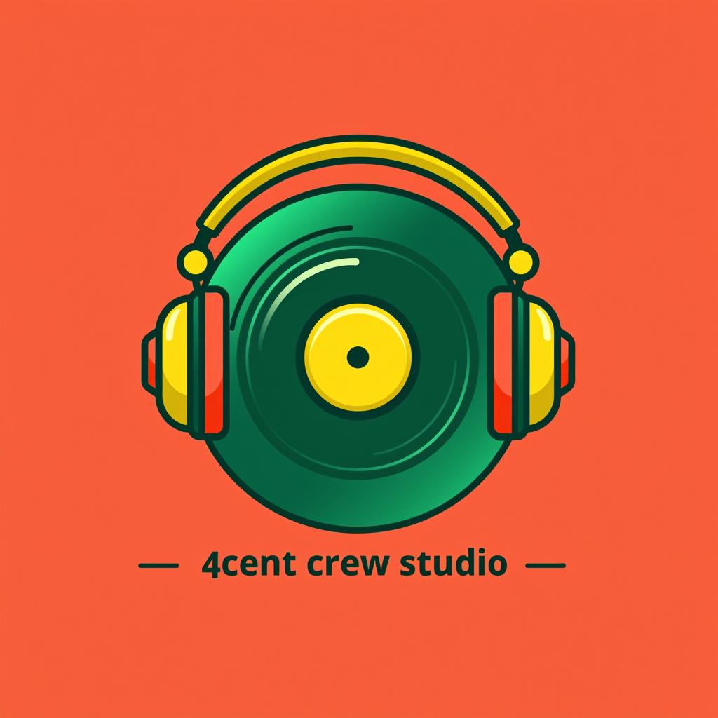  design a logo, logo d’un disque en vert et casque audio en jaune, fond rouge, with the text '4cent crew studio'.