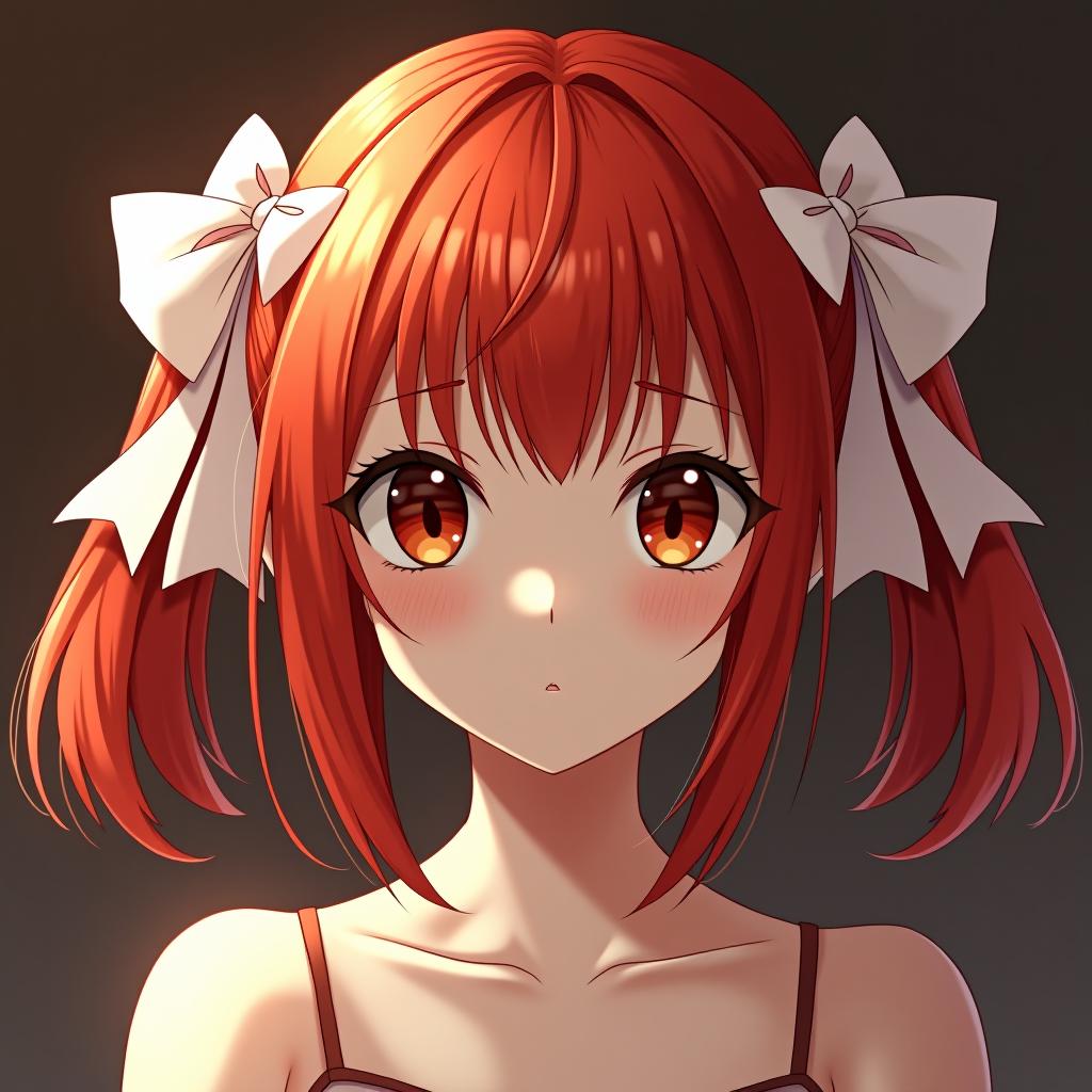  a girl with red hair and white bows on either side. realistic style.