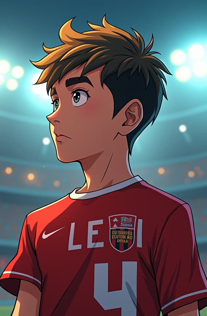  crea una ragazzo di circa undici anni e di media altezza che compie una rovesciata durate una partita di calcio, il ragazzo deve avere scritto dietro la maglia il nome "leoni" e deve avere il numero 4, marvel comic panel, dc animated comic panel, comic panel, manga and manhwa style panel, portrait, young person face, style for marvel comic, anime comic panel style hyperrealistic, full body, detailed clothing, highly detailed, cinematic lighting, stunningly beautiful, intricate, sharp focus, f/1. 8, 85mm, (centered image composition), (professionally color graded), ((bright soft diffused light)), volumetric fog, trending on instagram, trending on tumblr, HDR 4K, 8K