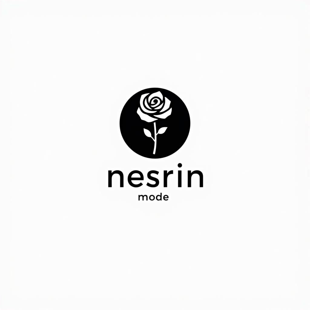  design a logo, erstelle mir ein logo für ein kleider laden elegant schwarz und weiss mit dem namen und eine rose über das bild laufend , with the text 'nesrin mode '.