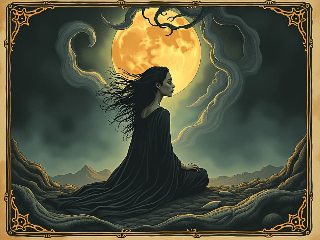  a serene figure amidst swirling transformative energies, focusing inward, symbolic of introspection and transformation, mystical, serene, contemplative. an illustration in the style of a worn, mystical old tarot trump card, mysterious and elements of surrealism. the colors are muted, somber and eerie, but with contrast bring out an occult and esoteric vibe.