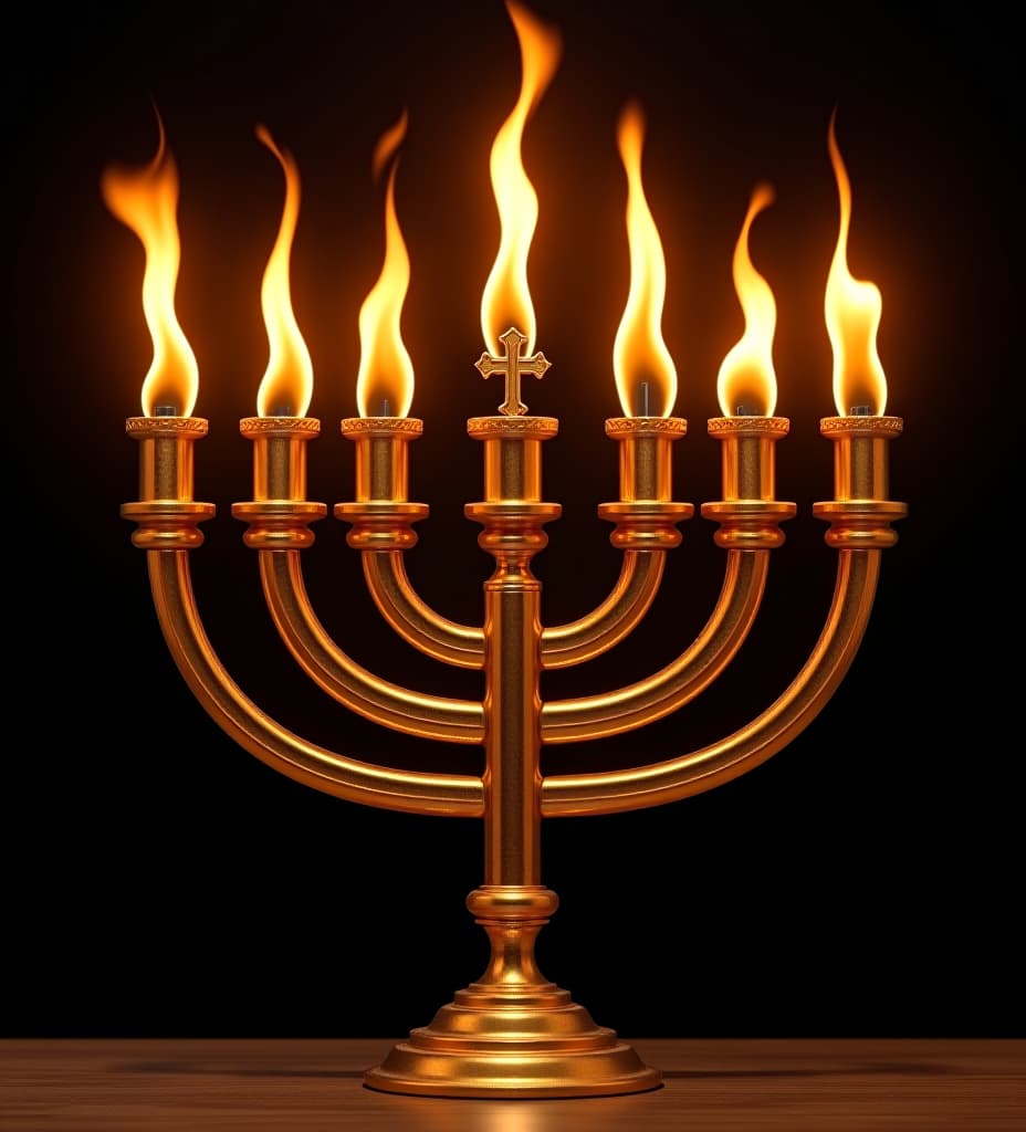  a beautiful shiny golden seven branch menorah made of seven golden flaming crosses.